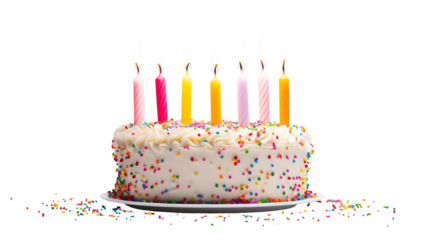 A frosted cake with colorful sprinkles and lit candles on a white plate against black backgroundisolated on transparent background	