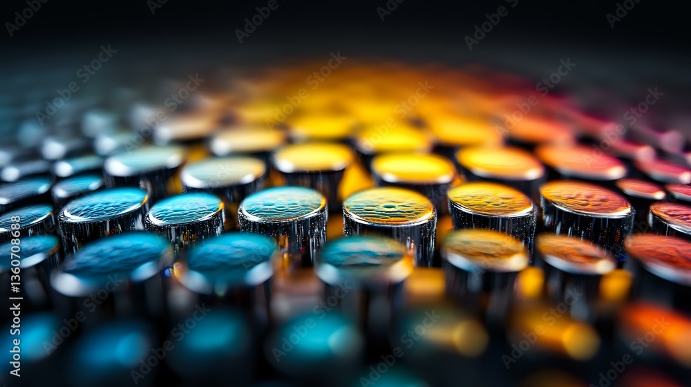 Poster colorful mechanical keyboard keys in dramatic lighting with blue, yellow and red gradient, close-up 