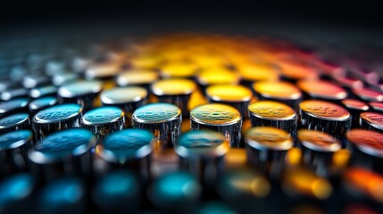 Colorful mechanical keyboard keys in dramatic lighting with blue, yellow and red gradient, close-up macro photography showing textured keycaps with liquid drops effect.