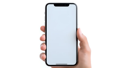 Hand holding modern smartphone with blank white screen isolated on white background. Mockup for app and web design presentation.