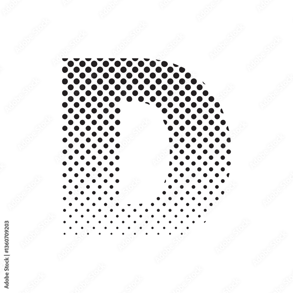 Aufkleber uppercase letter D in halftone dot pattern, modern black and white typography design with fading effect, concept of graphic design, branding, typography art, digital print