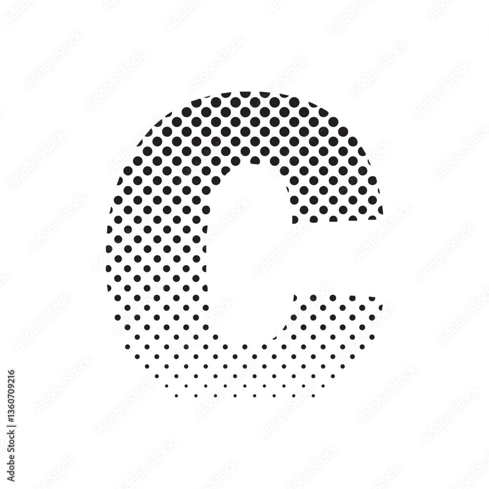 Poster uppercase letter c in halftone dot pattern, modern black and white typography design with fading eff