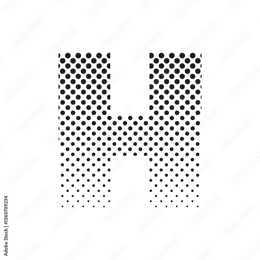Poster uppercase letter H in halftone dot pattern, modern black and white typography design with fading effect, concept of graphic design, branding, typography art, digital print
