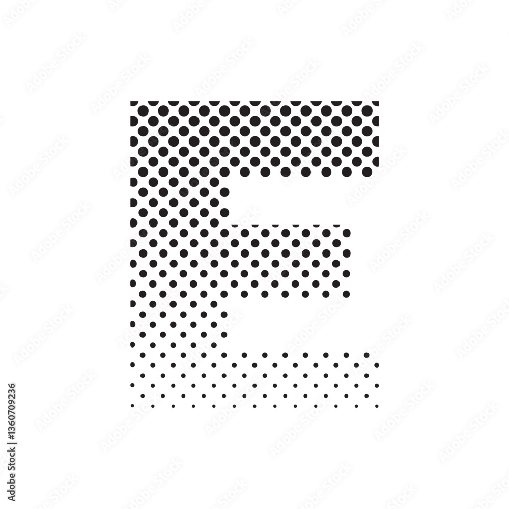 Poster uppercase letter E in halftone dot pattern, modern black and white typography design with fading effect, concept of graphic design, branding, typography art, digital print