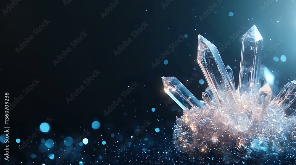 Poster magical glowing crystal cluster emerging from darkness with sparkles and bokeh lights against deep b