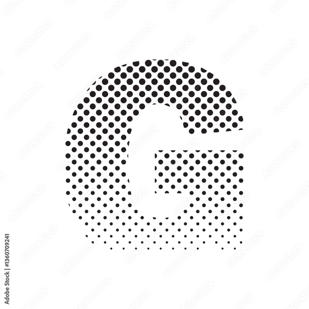Poster uppercase letter g in halftone dot pattern, modern black and white typography design with fading eff