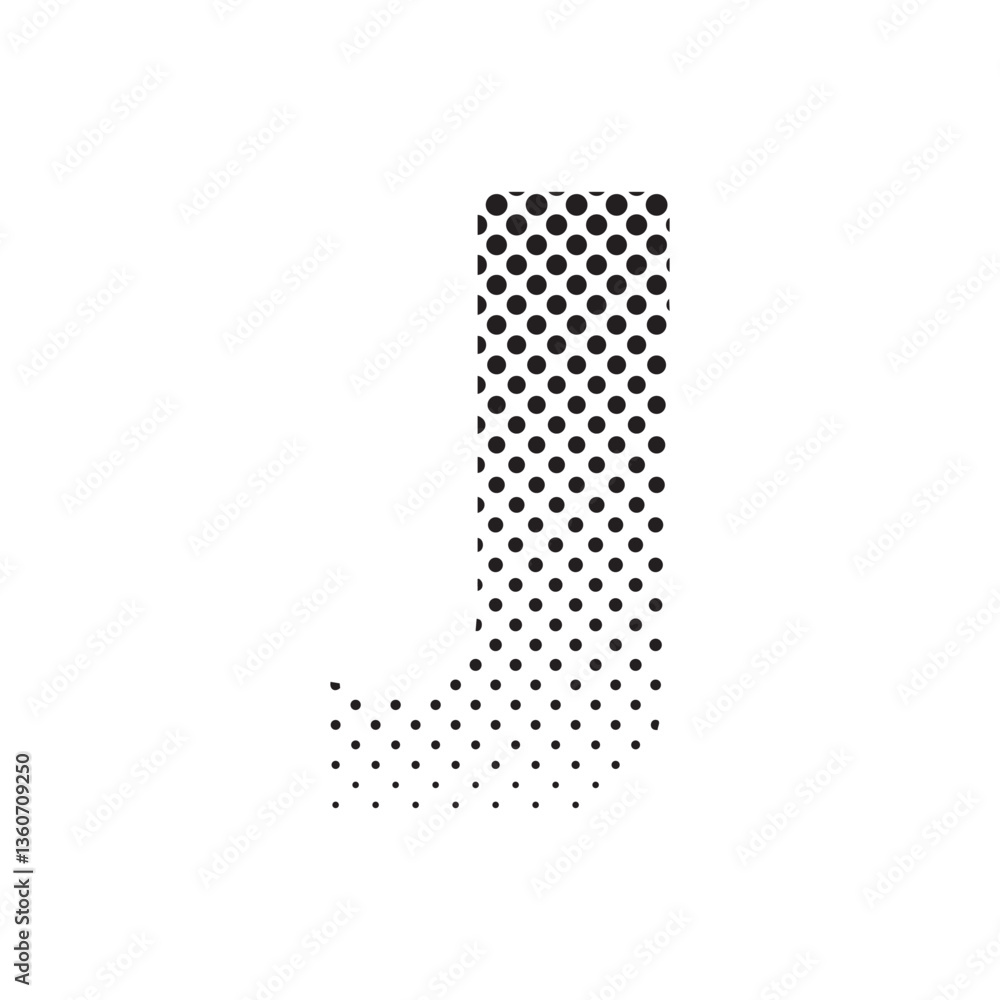 Poster uppercase letter J in halftone dot pattern, modern black and white typography design with fading effect, concept of graphic design, branding, typography art, digital print