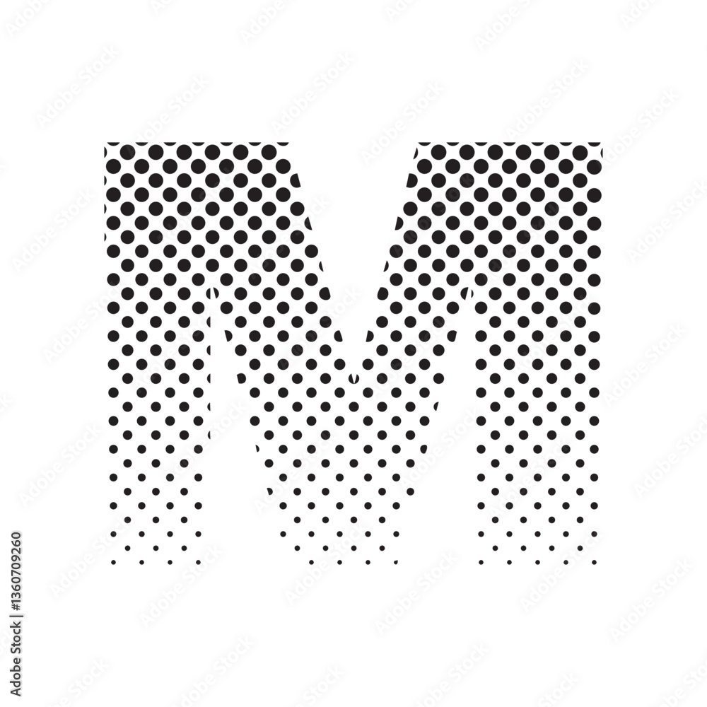 Poster uppercase letter m in halftone dot pattern, modern black and white typography design with fading eff