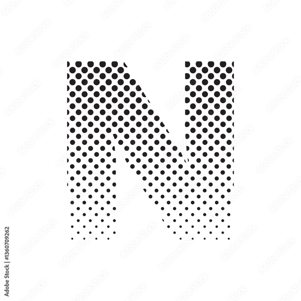 Poster uppercase letter n in halftone dot pattern, modern black and white typography design with fading eff