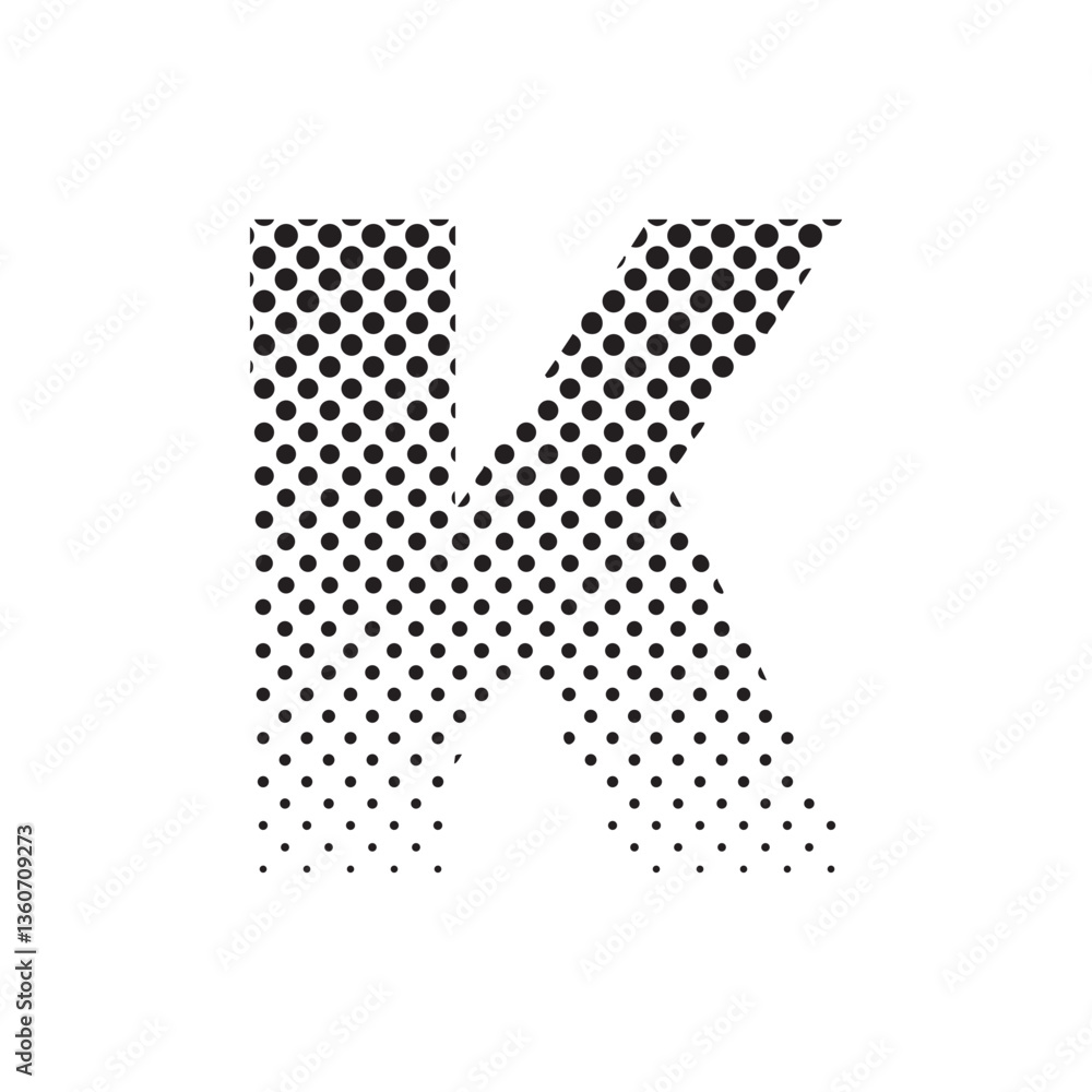 Poster uppercase letter k in halftone dot pattern, modern black and white typography design with fading eff