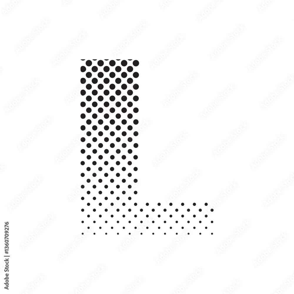 Aufkleber uppercase letter l in halftone dot pattern, modern black and white typography design with fading eff