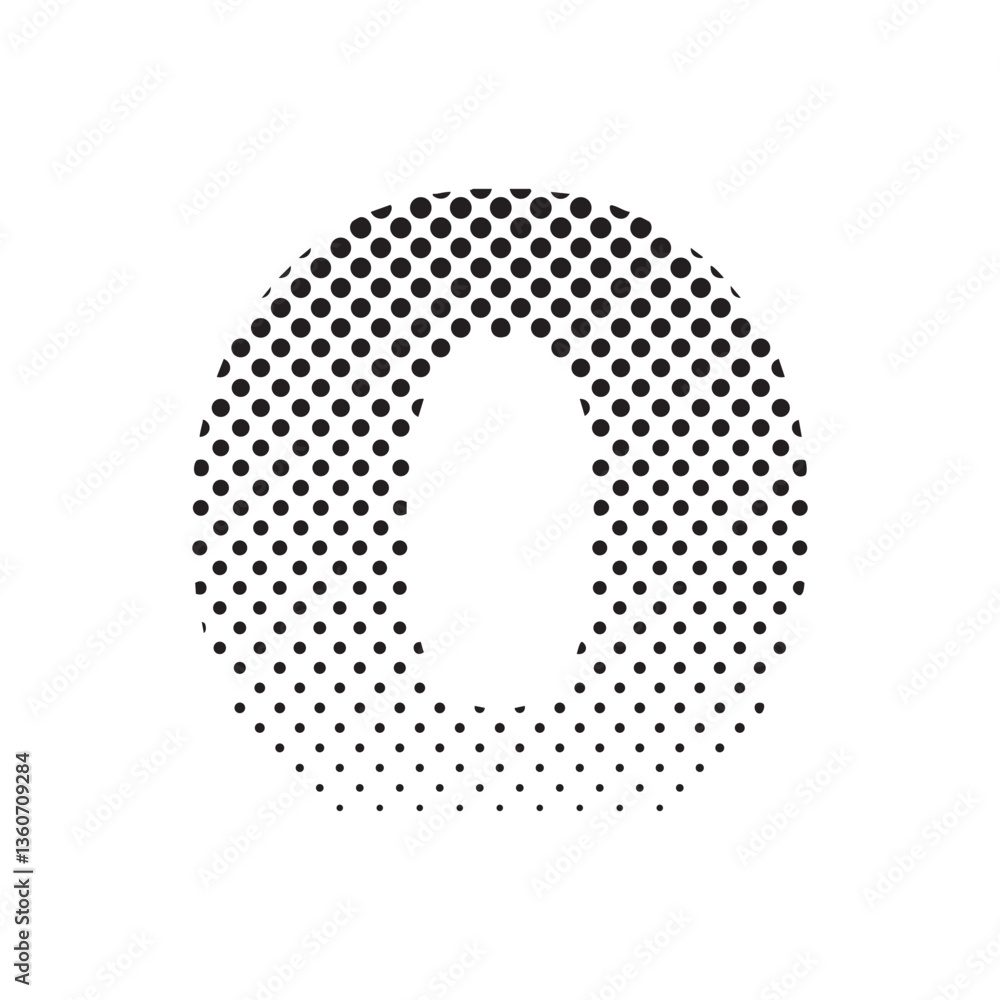 Poster uppercase letter o in halftone dot pattern, modern black and white typography design with fading eff