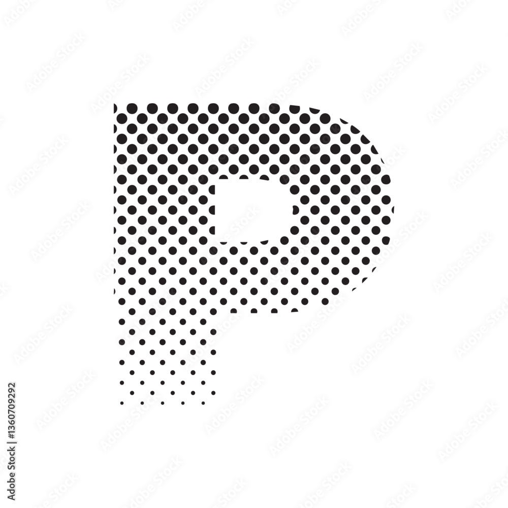 Poster uppercase letter p in halftone dot pattern, modern black and white typography design with fading eff