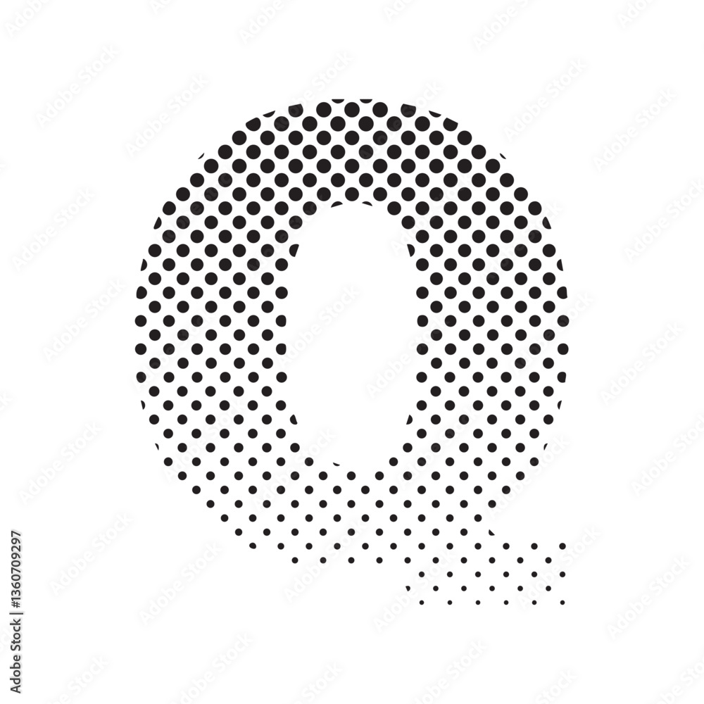 Poster uppercase letter q in halftone dot pattern, modern black and white typography design with fading eff