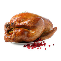 Whole baked turkey with cranberries and rosemary isolated on white
