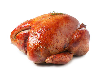 Whole baked turkey with rosemary isolated on white