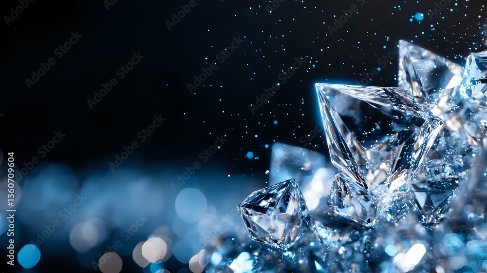 Poster sparkling ice crystals with water drops and bokeh effects on dark background create magical winter a