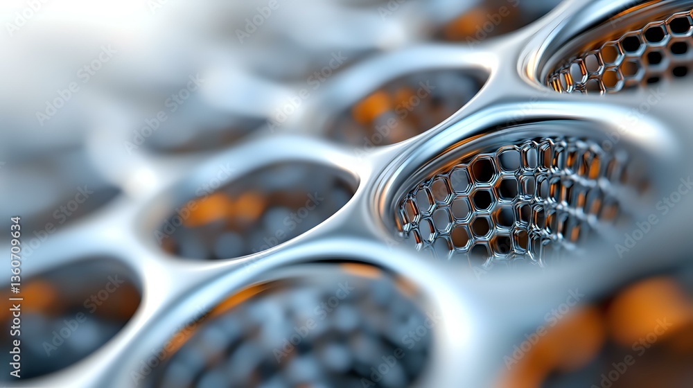 Poster macro view of perforated metal grater surface with honeycomb pattern holes creating abstract industr