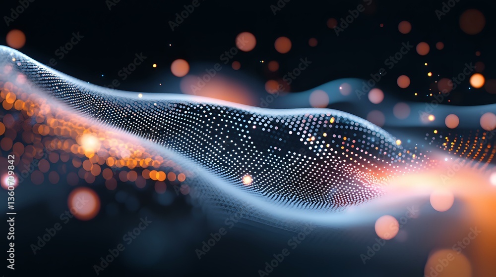Poster glowing particle wave with orange bokeh lights on dark background, flowing digital dots formation cr