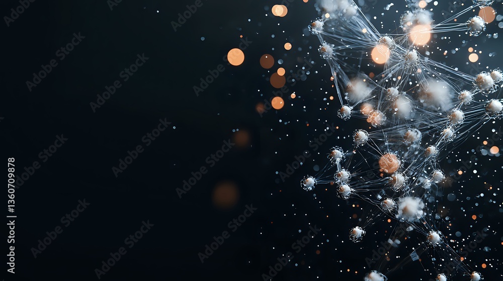 Poster glowing network connections with orange and white light particles floating in dark space create futu