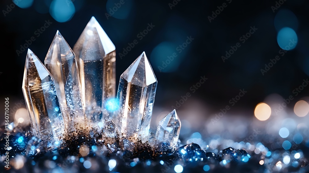 Aufkleber magical crystal cluster with pointed quartz formations against dark background with blue bokeh light