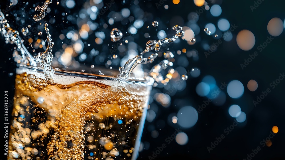 Poster carbonated cola drink with dynamic splash and fizzy bubbles against dark background with bokeh light