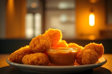 Fried crispy chicken nuggets with ketchup 