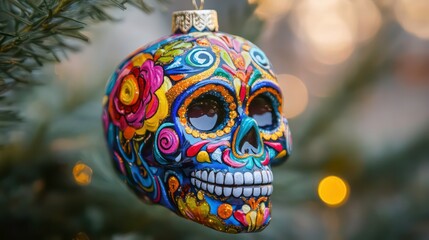 Fototapeta premium Vibrant colorful skull ornaments decorated with intricate floral patterns, swirling designs. Mexican sugar skull style ornament. Decoration perfect for holiday decorations gifts. Festive bright