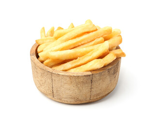 Delicious French fries in bowl isolated on white