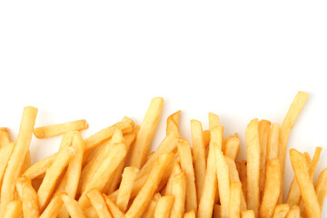 Pile of delicious French fries on white background, top view