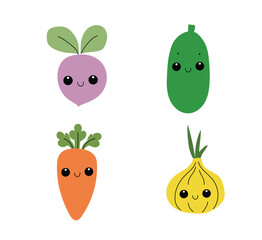 Set of cartoon vegetables with cute faces. Kawaii style characters