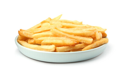 Many delicious French fries isolated on white