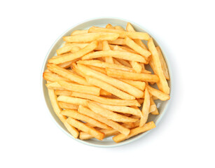 Many delicious French fries isolated on white, top view