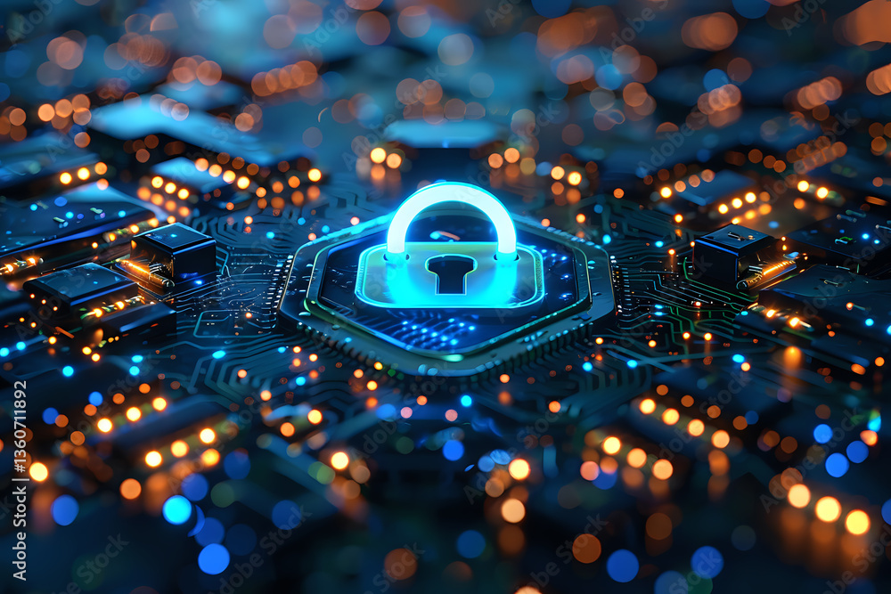 Poster glowing padlock icon on circuit board with blue and orange bokeh lights represents cybersecurity, da