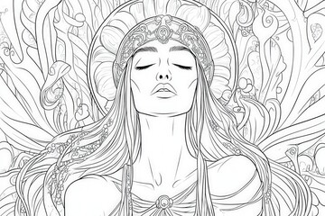 Fototapeta premium Intricate fantasy line art: elegant female portrait with ornate details