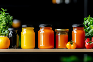 Assortment of jars filled with colorful juices and preserves on wooden shelf. Modern kitchen setting with vibrant fruits nearby. Concept of healthy eating, beverage industry, food production