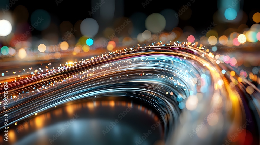 Poster abstract curved lines with glowing light trails and bokeh effects create dynamic motion against dark