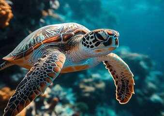 A beautiful sea turtle is swimming gracefully underwater clearly visible