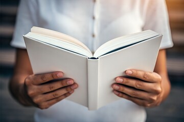 Person holding blank white hardcover book mockup in both hands. Studio close-up template for editorial projects, branding, or book cover design.
