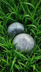 Smooth gray zen stone nestled in vibrant green fresh grass, calm, life