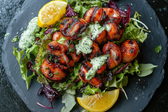 rilled seafood platter with charred shrimp, lemons, fresh greens, and herb sauce, outdoor gourmet dining