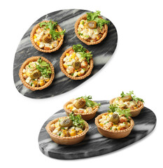 Tartlets with delicious filling isolated on white, collage. Top and side view