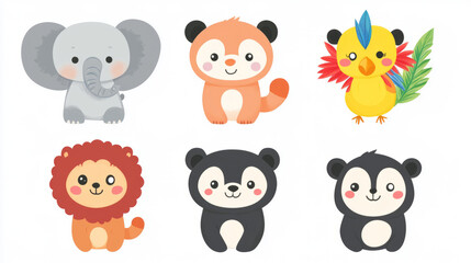 Minimalist Animal Illustration Featuring Elephant, Panda, Chipmunk, Lion, and Bird of Paradise