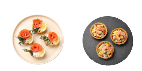 Tasty tartlets with different delicious fillings isolated on white, top view
