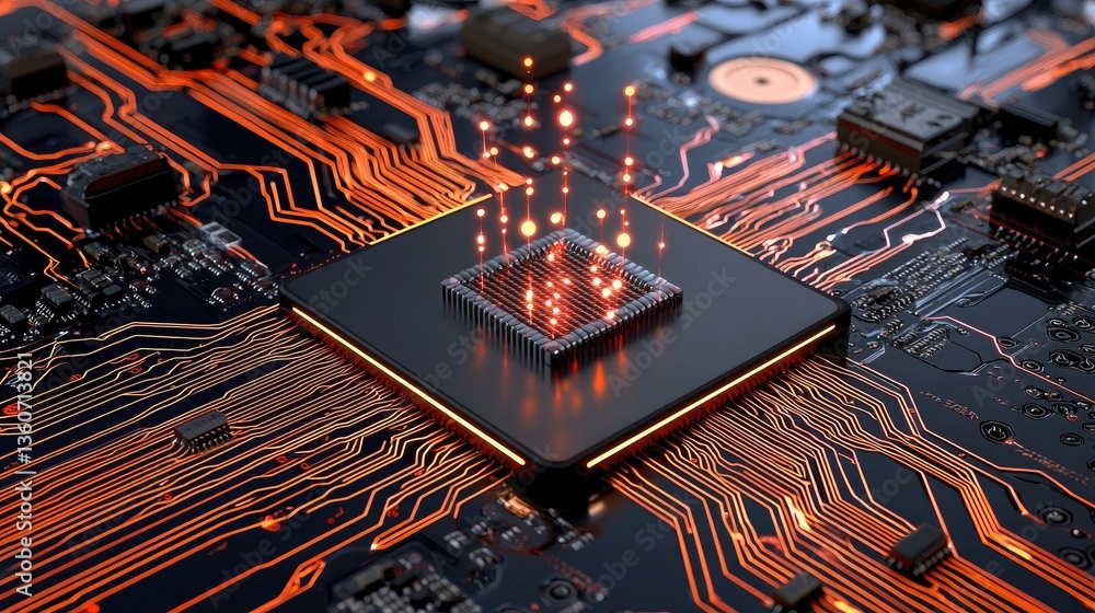 Aufkleber ai-powered futuristic circuit board with glowing processor and dynamic data waves.