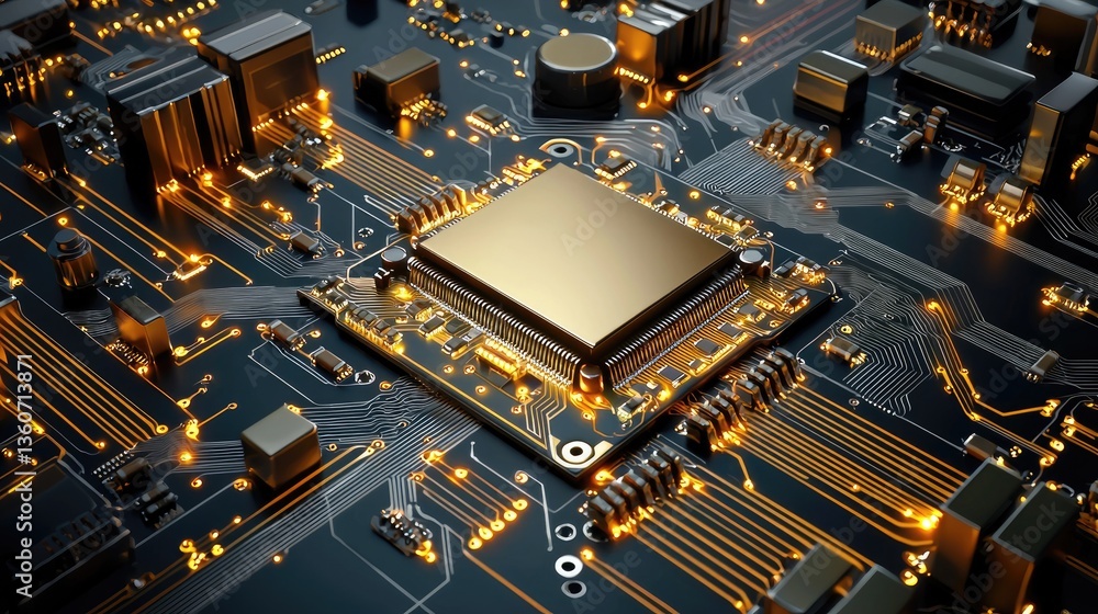 Poster ai-powered futuristic circuit board with glowing processor and dynamic data waves.