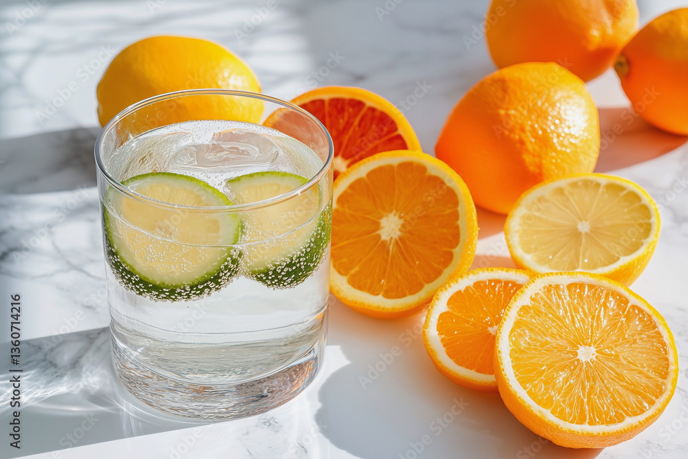 Poster glass of water with two slices of lime in it sits on a table next to a pile of oranges