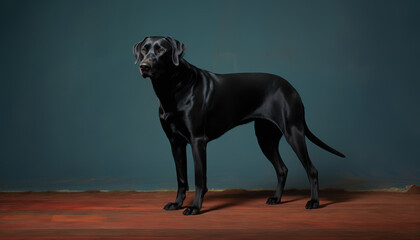 Perro de guarda Ca de Bestiar, Pastor Mallorquín negro con pelaje lustroso sobre fondo azul. Pose atenta, fuerza, inteligencia, elegancia, retrato de mascota, belleza canina, lealtad, compañerismo. 