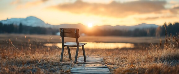 Fototapeta premium Empty wooden chair by a tranquil lake at sunrise
