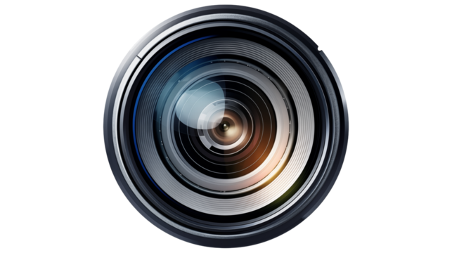 Close up view of a camera lens with visible reflections and a black background around itisolated on transparent background	